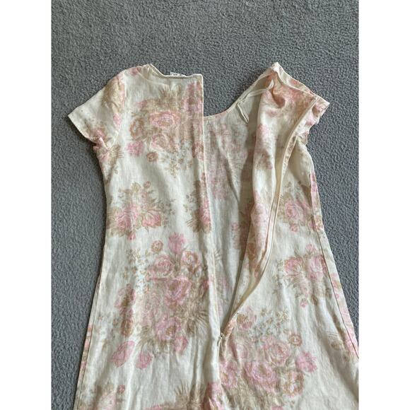 Eileen West Mini Dress 10P Linen Floral Short Sleeve Cream Pink Cottage Retro 10 - Picture 8 of 16